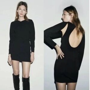 Zara Black Knotted Overlay Detail Backless Cut Out mini Dress long sleeve S NWOT